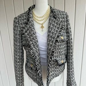 Joie Black and White Tweed Blazer with Gold Buttons